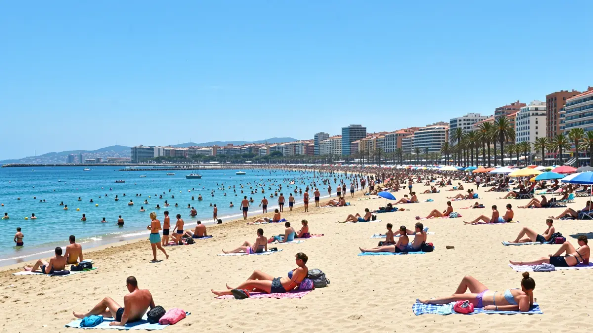 Generic image: with many people sunbathing and swimming, clear blue sky, bright sunlight, and vibrant atmosphere.