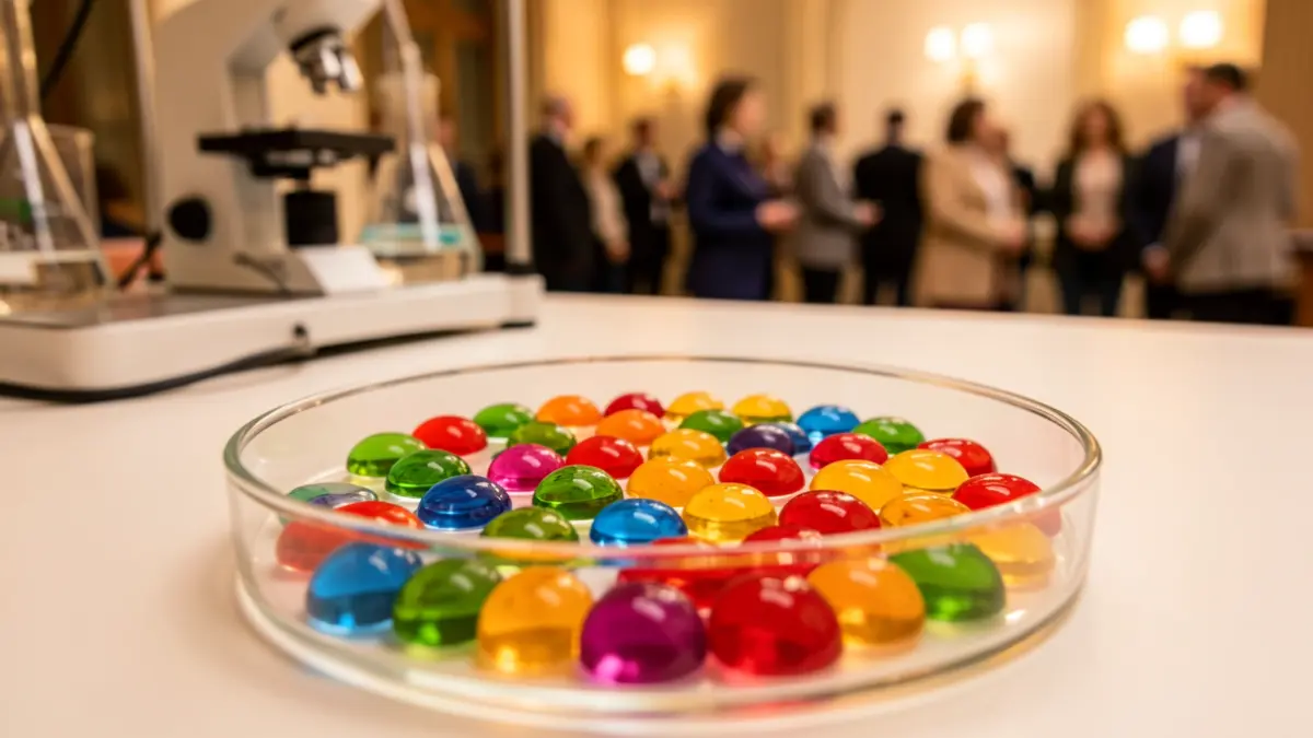 Imagen genérica de varias esferificaciones de colores en un recipiente de laboratorio.
