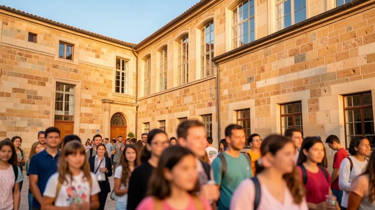 Generic image of a Catalan school building with a stone facade and afternoon light.