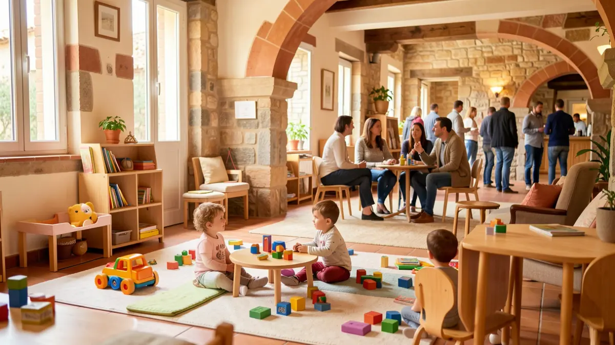 Espai familiar acollidor amb zona de jocs per a infants i adults conversant.