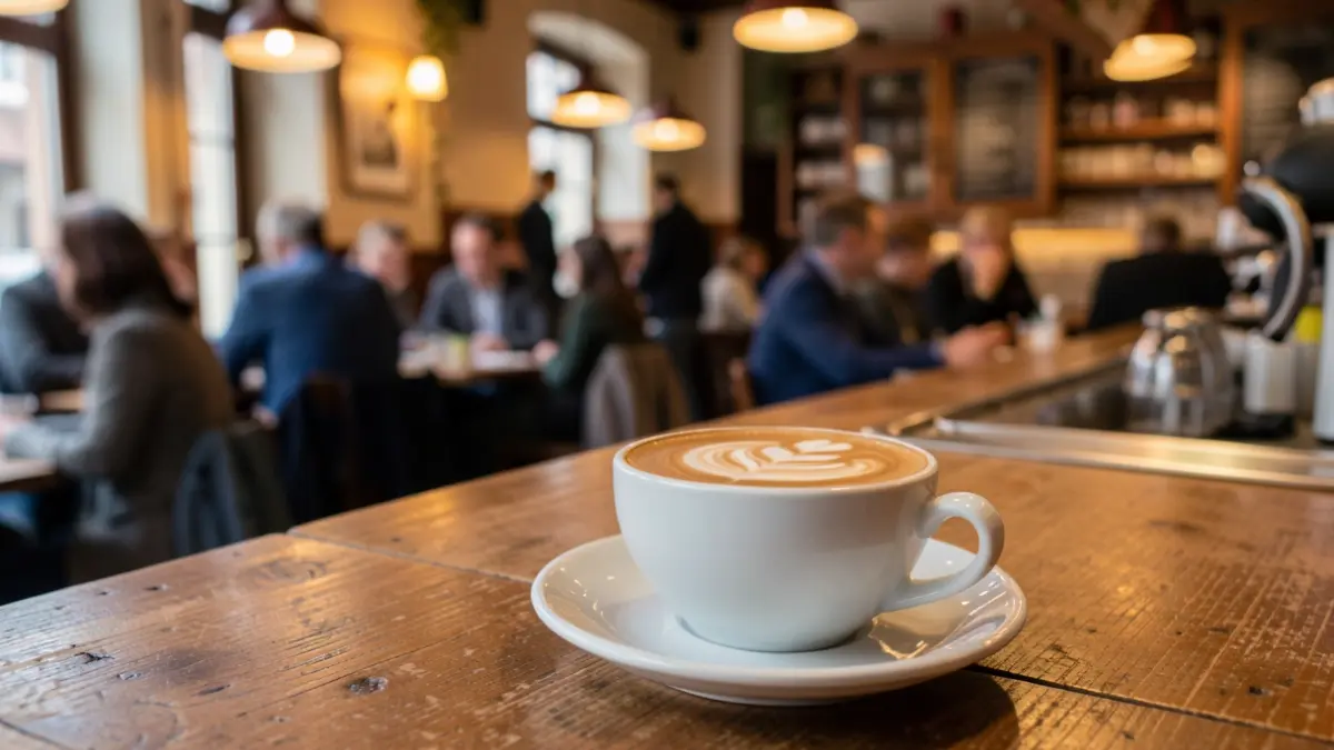 Imatge genèrica d'una tassa de cafè amb escuma artística sobre un taulell de fusta, amb l'interior d'un cafè acollidor i llums càlides al fons.