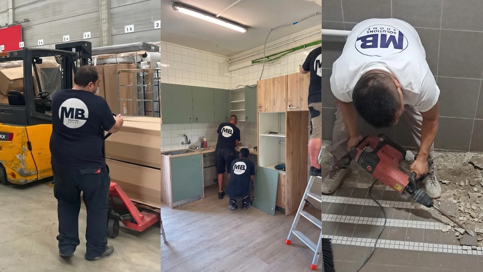 Collage fotogràfic que mostra les diferents fases de treball de MB Solutions 4 Home: magatzem, muntatge, reformes i l'equip en plena activitat.