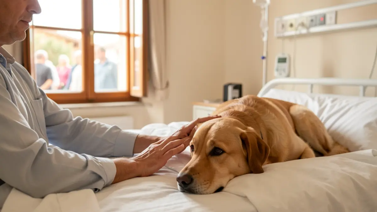 Patient in end-of-life situation petting their dog at the Hospital Universitari de Mataró.