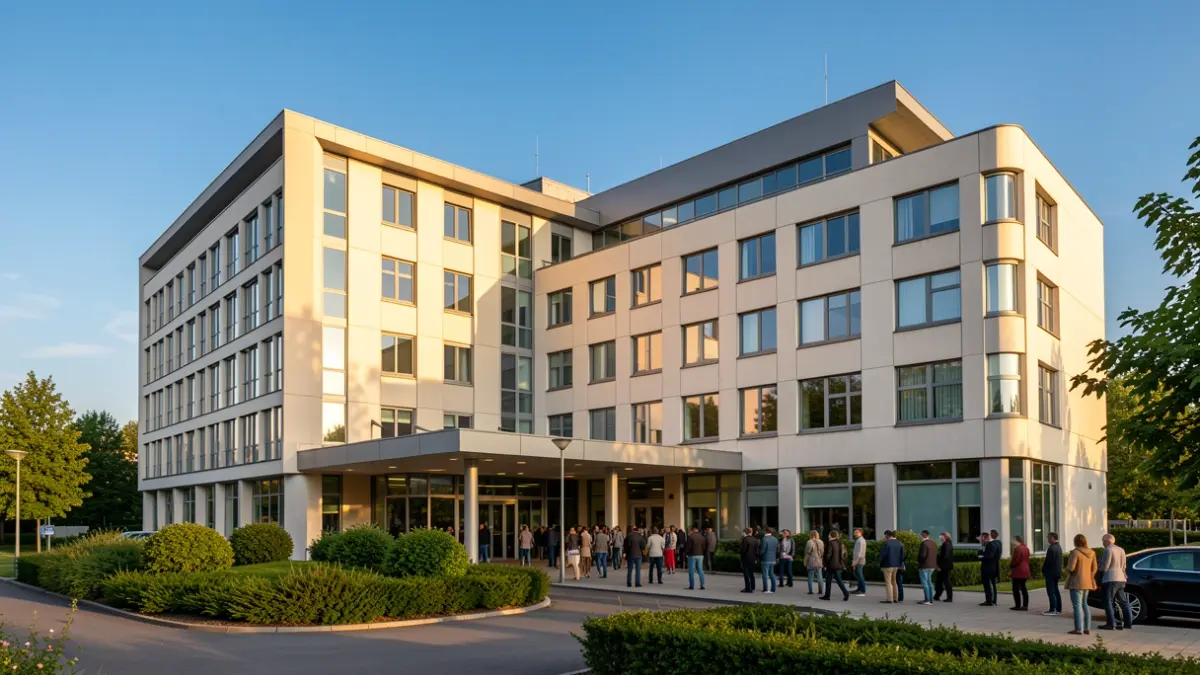 Imatge genèrica d'un edifici hospitalari modern sota un cel blau.
