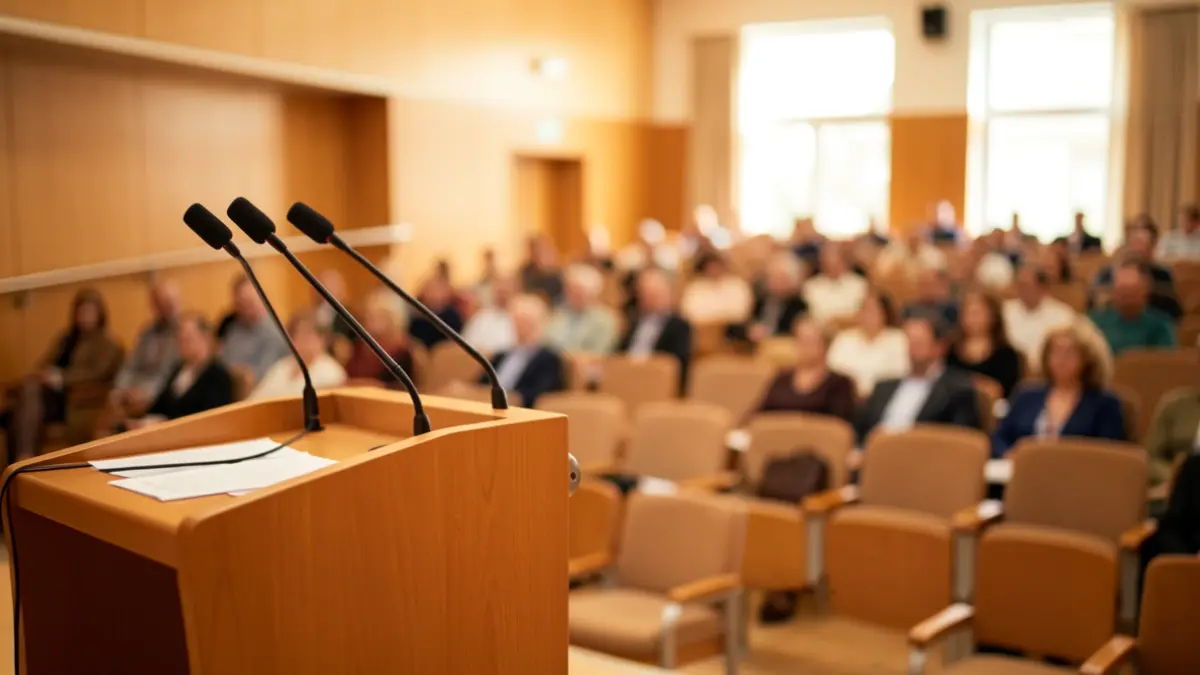 Auditori hospitalari a Catalunya amb un faristol i cadires desenfocades.