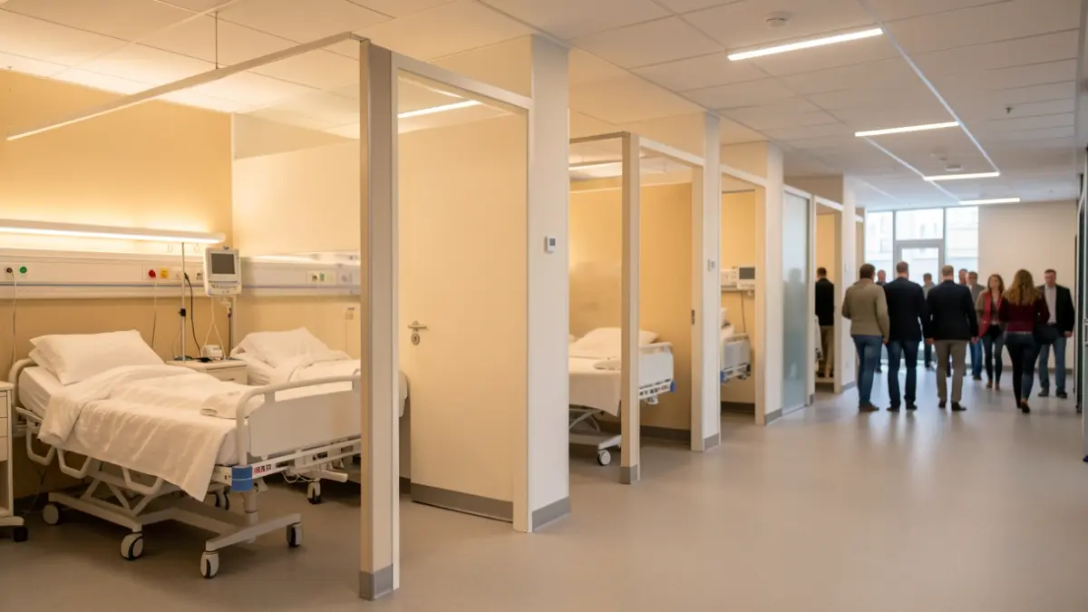 Generic image of a modern hospitalization unit with single and double rooms.