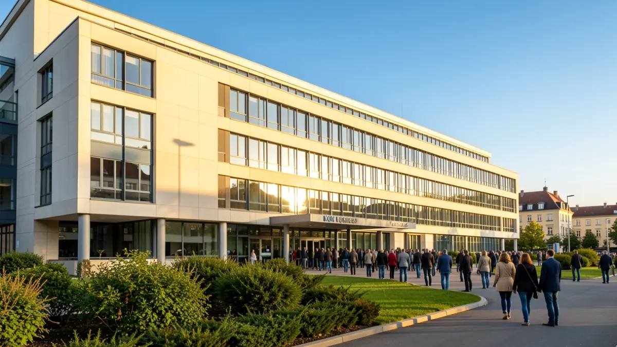 Imatge genèrica d'un edifici hospitalari modern sota un cel blau i llum solar càlida.
