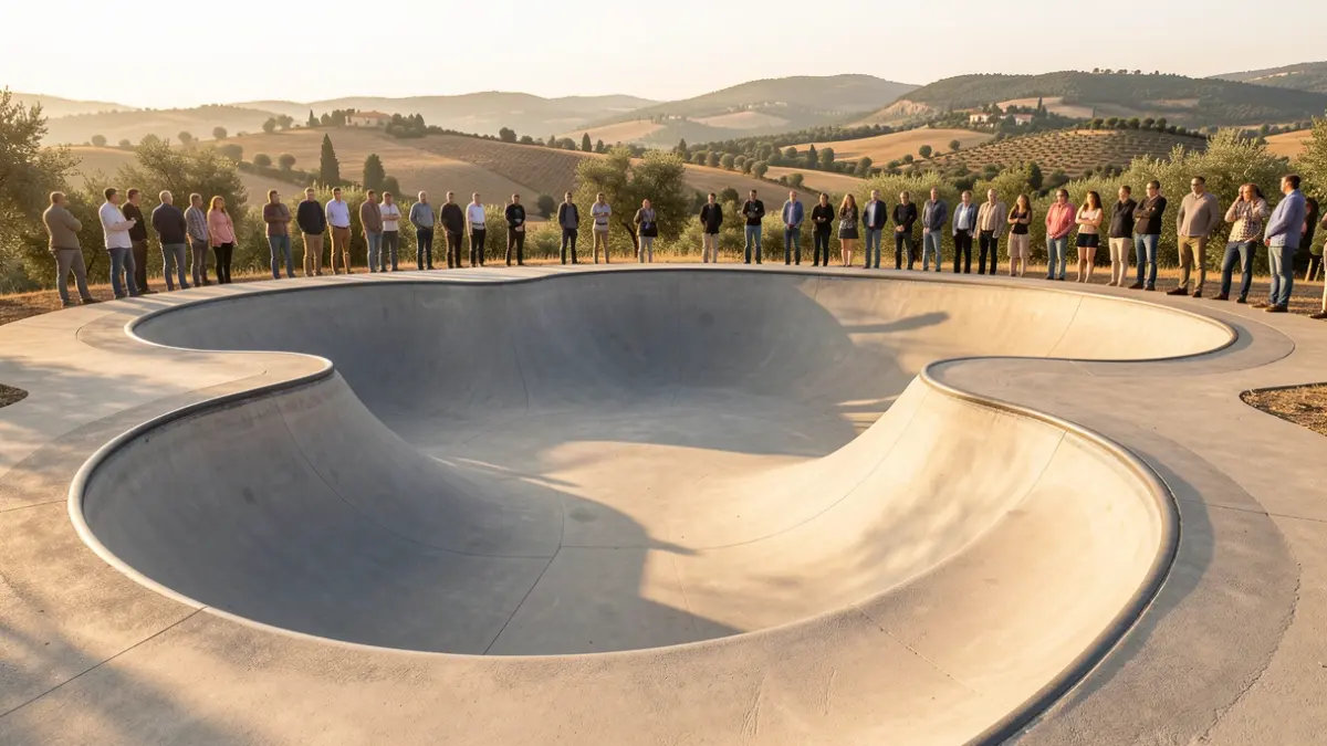 Imatge genèrica d'un circuit de pumptrack buit amb rampes i revolts de formigó, il·luminat per la llum càlida de la tarda.