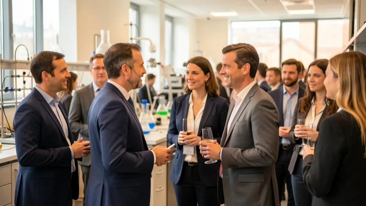 Generic image of international professionals interacting in a modern laboratory setting with scientific equipment in the background.