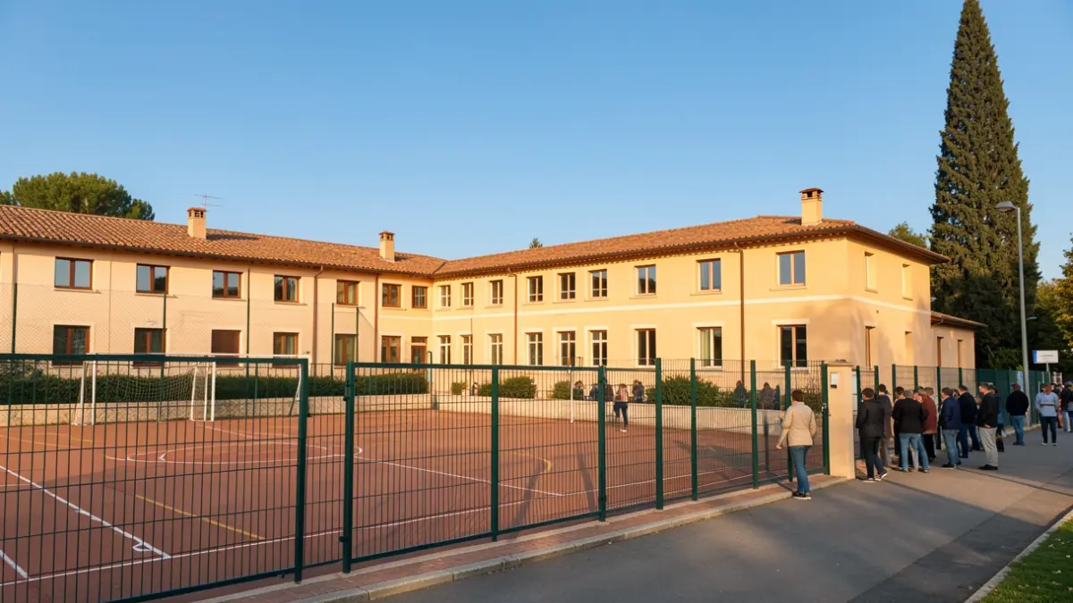 Imagen genérica de un edificio escolar con una pista deportiva y una valla.