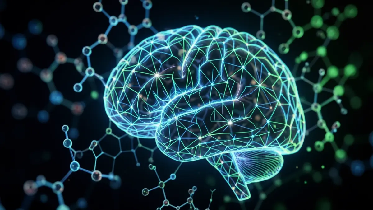 Imagen genérica de patrones de red neuronal brillantes mezclados con estructuras moleculares.