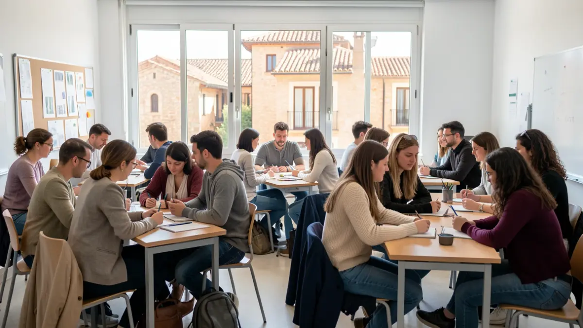 Generic image of teachers and students collaborating in a modern educational setting in Catalunya.