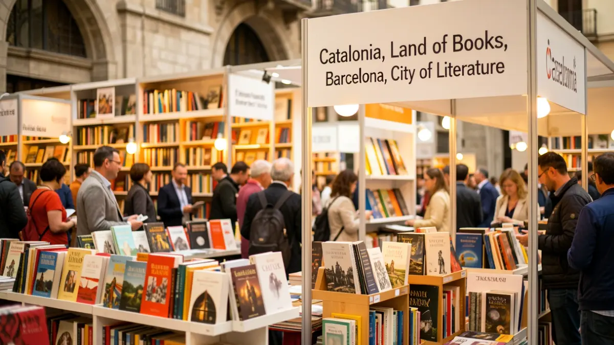 Estand de literatura catalana a la Fira del Llibre de Frankfurt amb el lema 'Catalonia, Land of Books; Barcelona, City of Literature'.