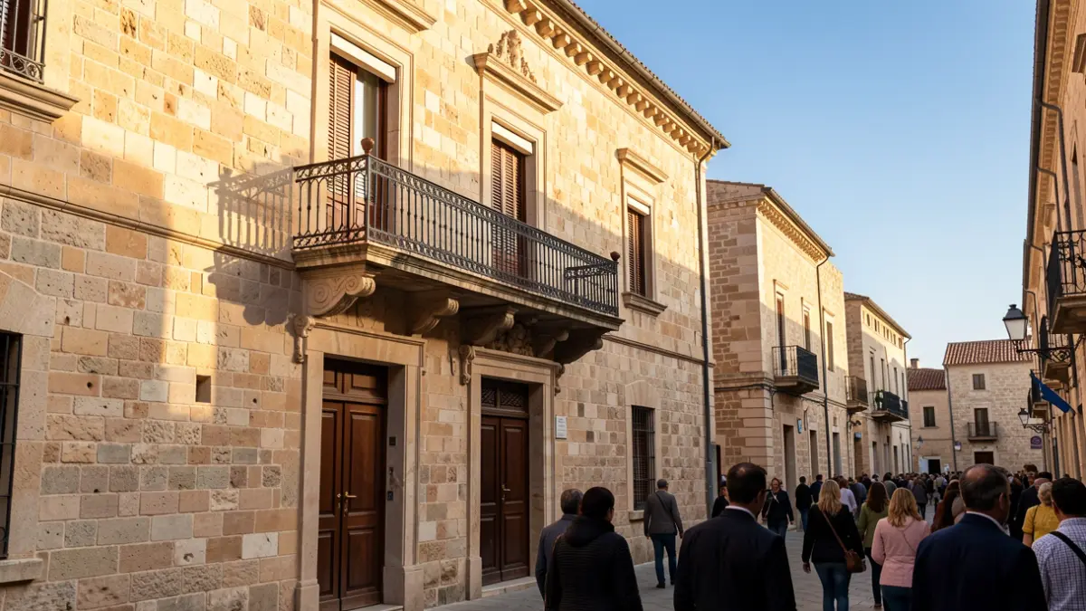 Facade of a Mediterranean town hall with a balcony and iron railings, illuminated by the afternoon sun.