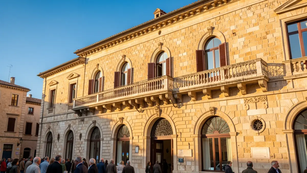 Stone facade of a Mediterranean-style public building with a balcony.