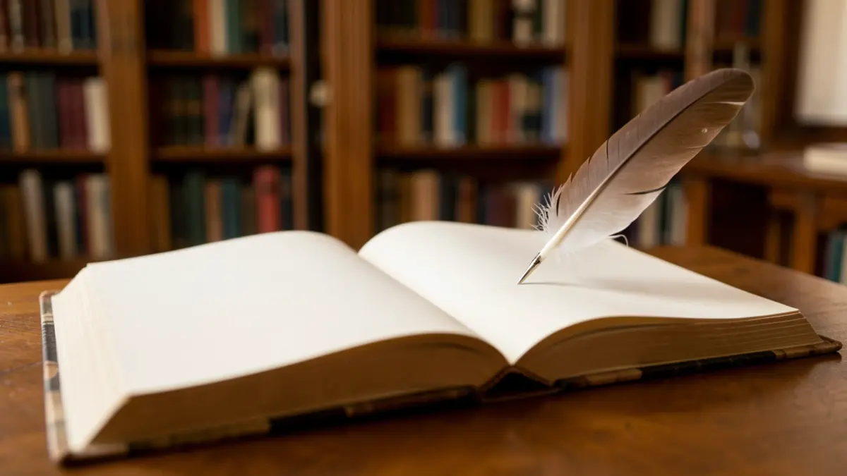 Generic image of an open book with a quill pen, in a library setting.