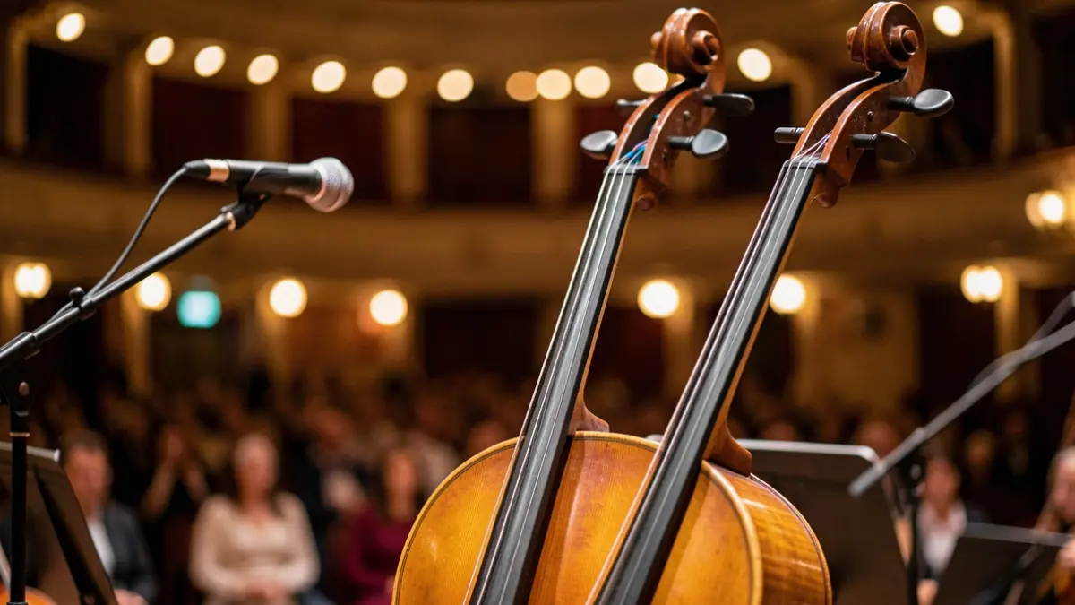 Instrumentos musicales en un escenario con luces cálidas.