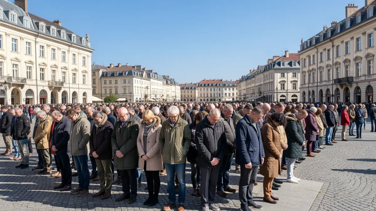 Generic image of a solemn minute of silence observed in a public square, with people standing still, heads bowed, under a clear blue sky. Focus on the atmosphere of respect and remembrance.