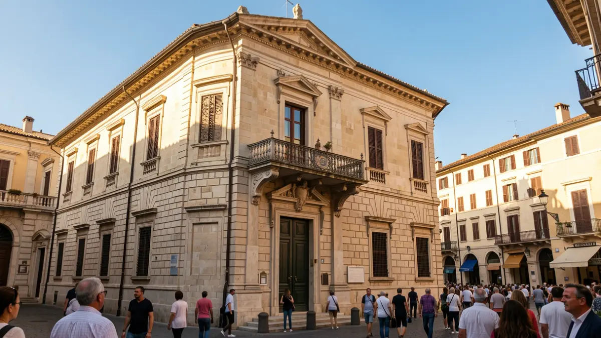 Generic image of a historic town hall building with a balcony and blue sky.