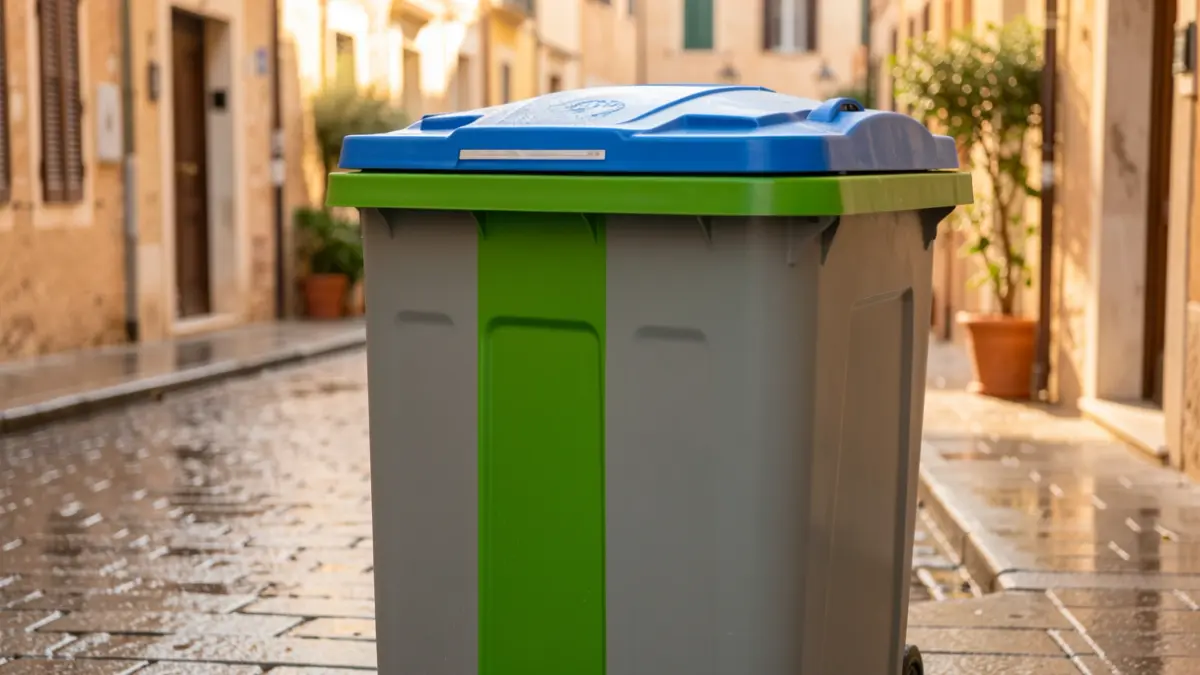 Imagen genérica de un contenedor de residuos nuevo y limpio en una calle mediterránea.