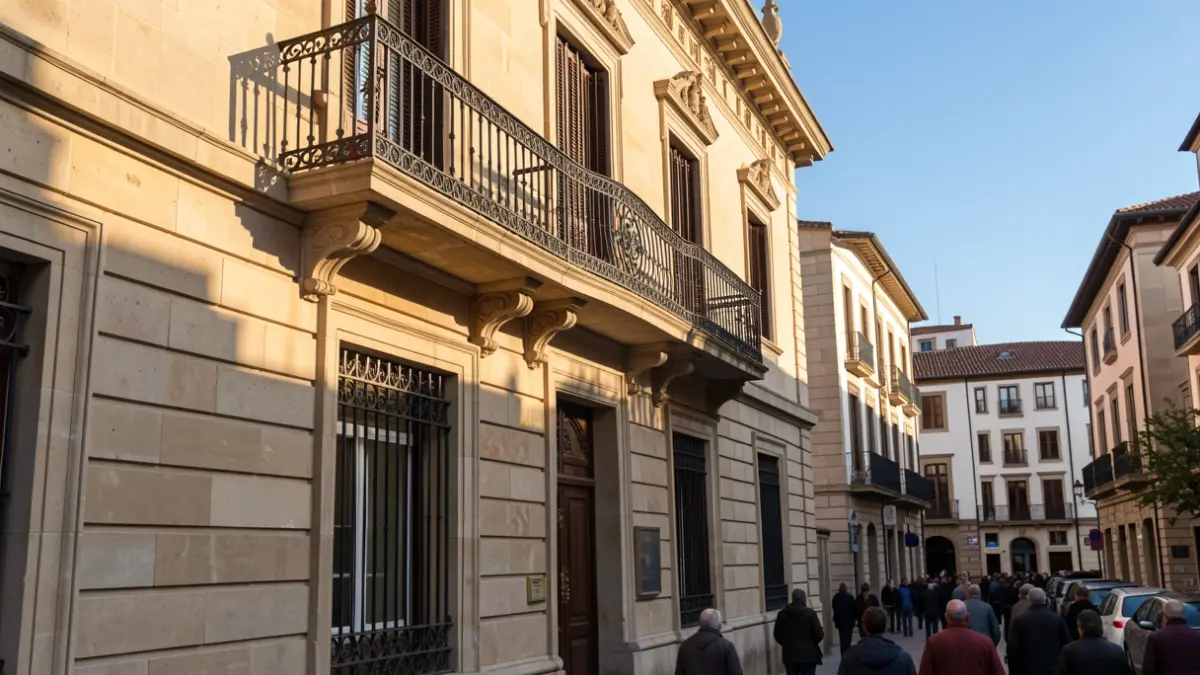 Fachada del Ayuntamiento de Lleida con balcón y luz de verano.