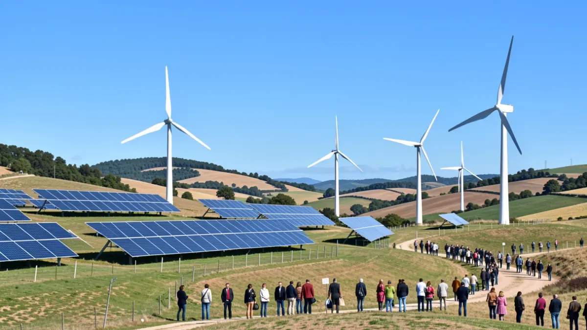 Representación abstracta de infraestructuras de energía renovable en un paisaje rural catalán.
