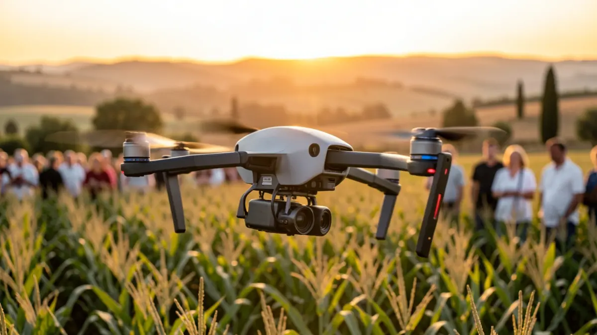 Imatge genèrica d'un dron agrícola sobre un camp al capvespre.