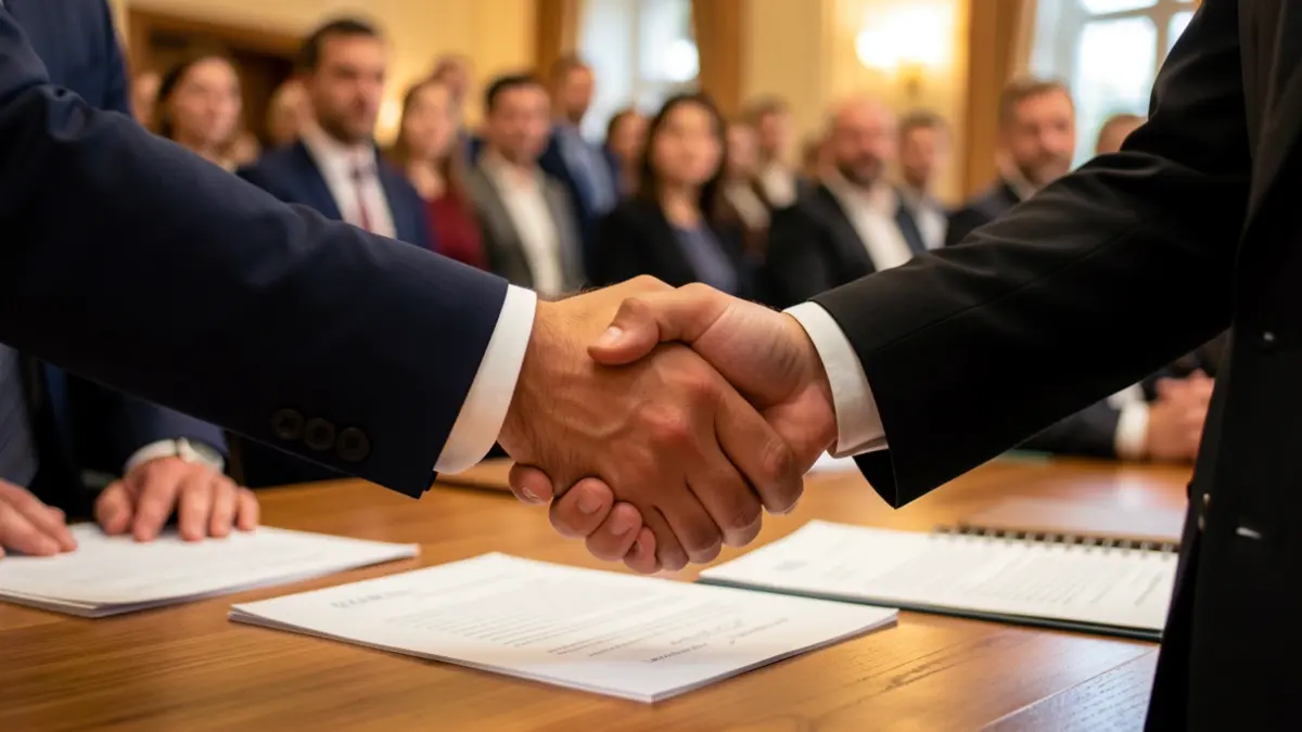 Two hands shaking in collaboration over a desk with documents.