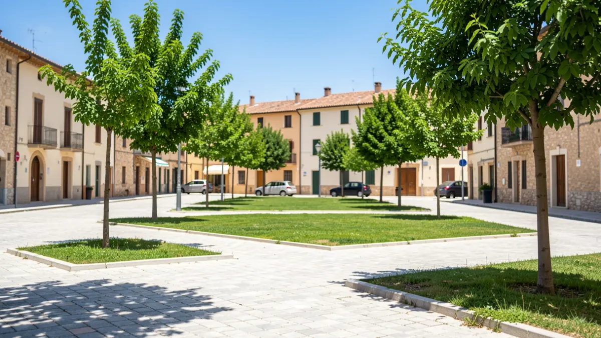 Generic image of a public square with paved areas and green spaces.