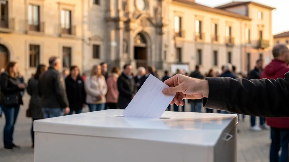 Generic image of a ballot box with a hand casting a vote, with a Catalan town hall facade in the background.