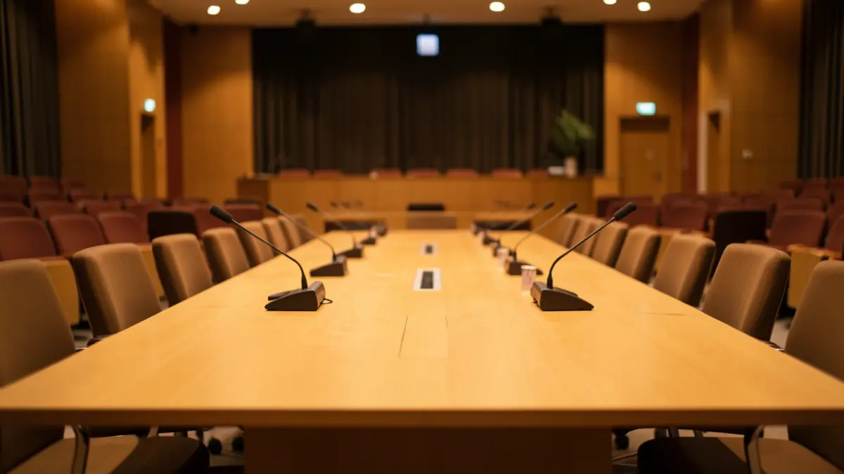Imatge genèrica d'una taula de reunió en un auditori modern amb micròfons i cadires.