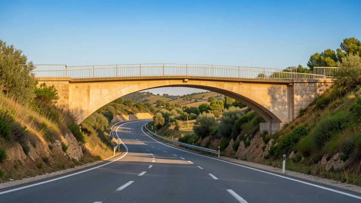 Imatge genèrica d'un pont per a vianants i ciclistes sobre una carretera i una autopista.