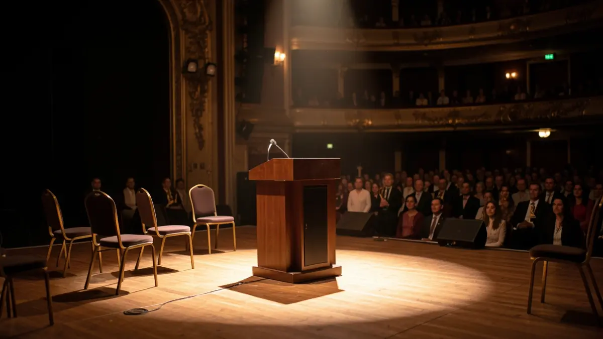 Imagen genérica de un escenario de teatro con un atril iluminado por un foco.