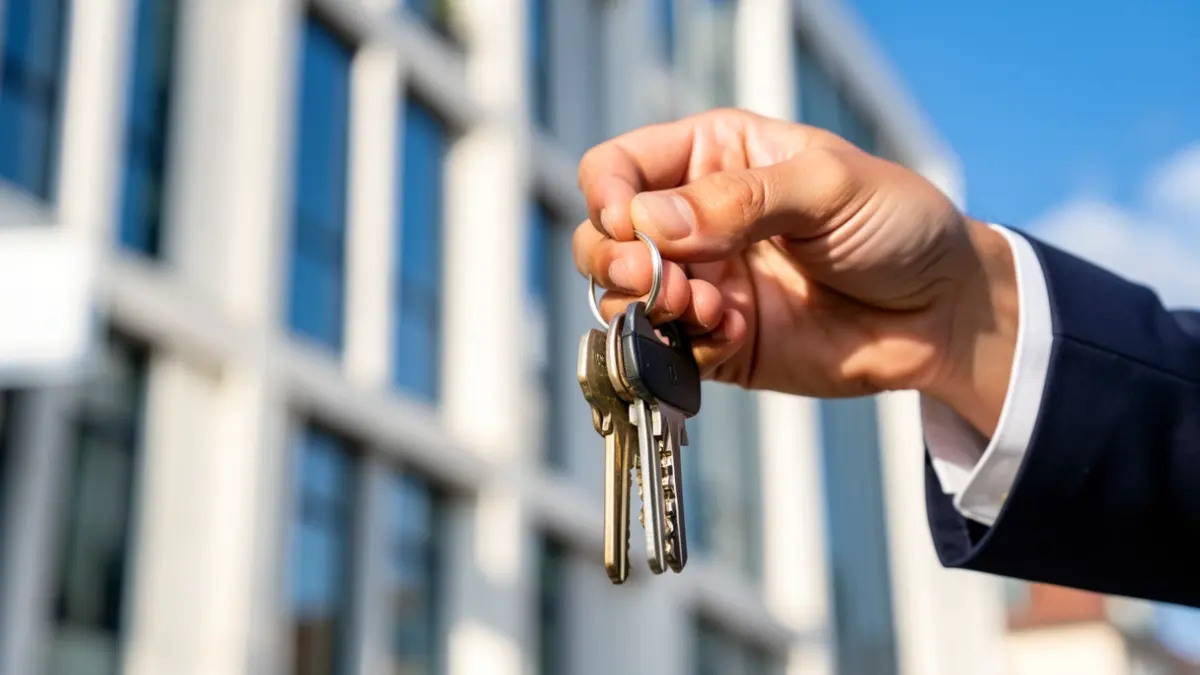 Generic image of a hand holding keys in front of a building.