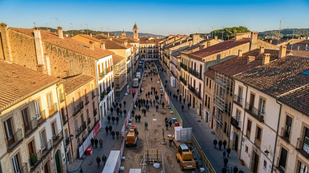 Imatge genèrica de les obres de remodelació d'un centre històric amb carrers i places en construcció.