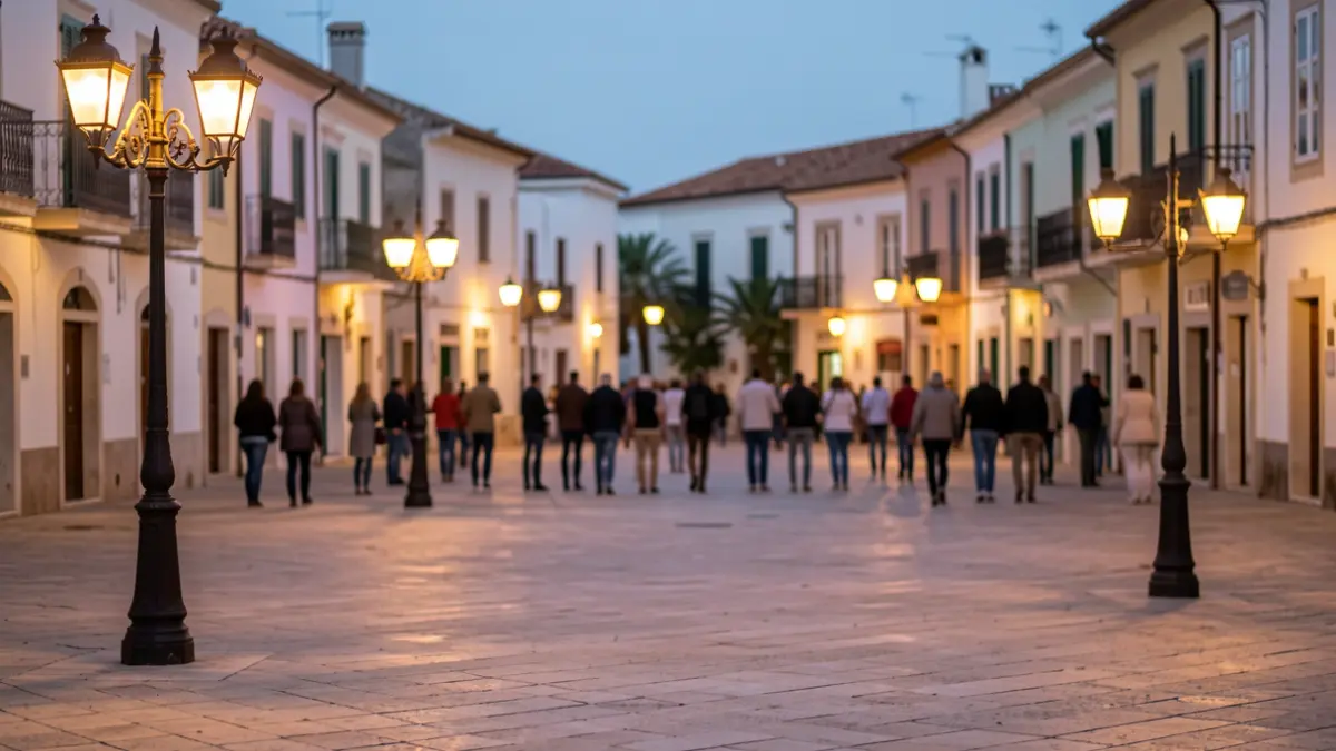 Imagen genérica de una plaza de Lloret de Mar al atardecer con mobiliario urbano retirado.