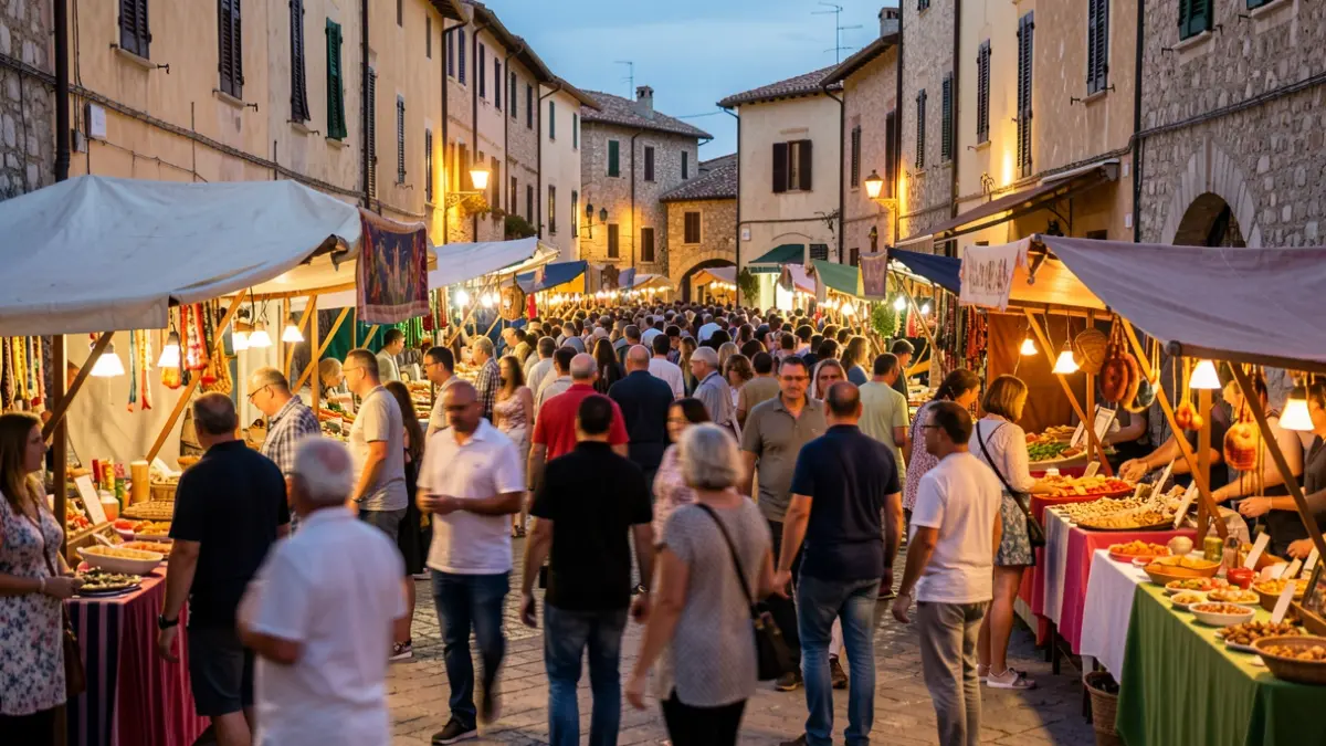 Imatge genèrica d'una fira popular al vespre en una plaça mediterrània, amb parades i ambient festiu.