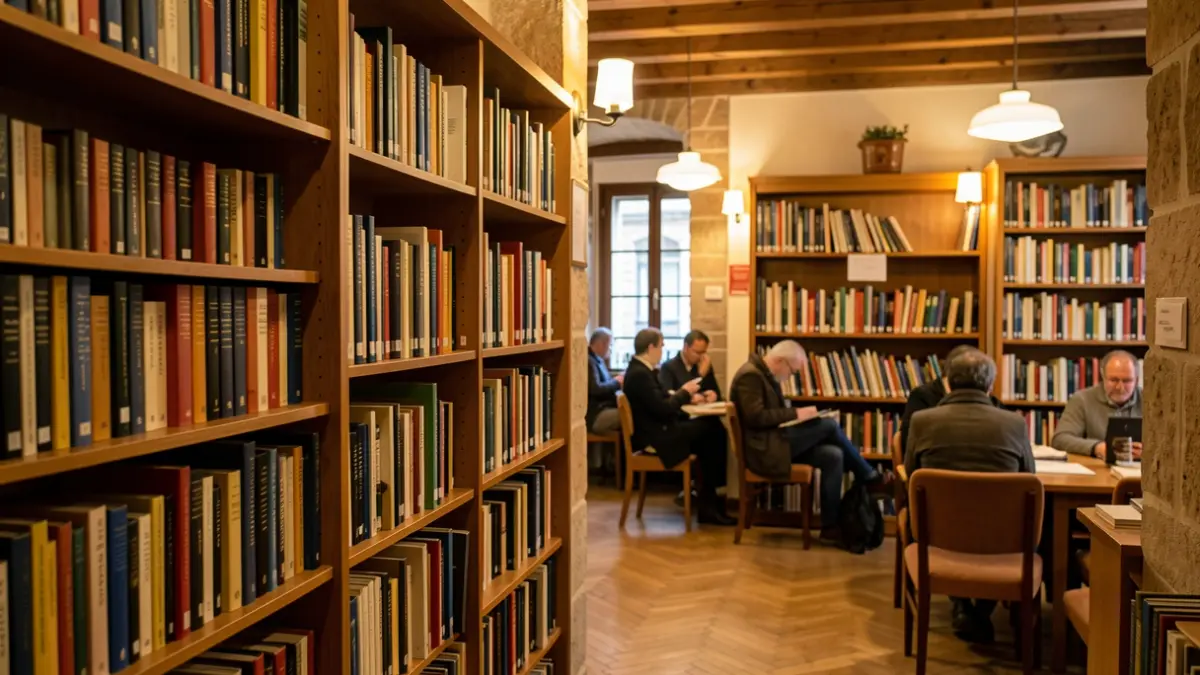 Interior of a library in Catalonia with bookshelves filled with books.