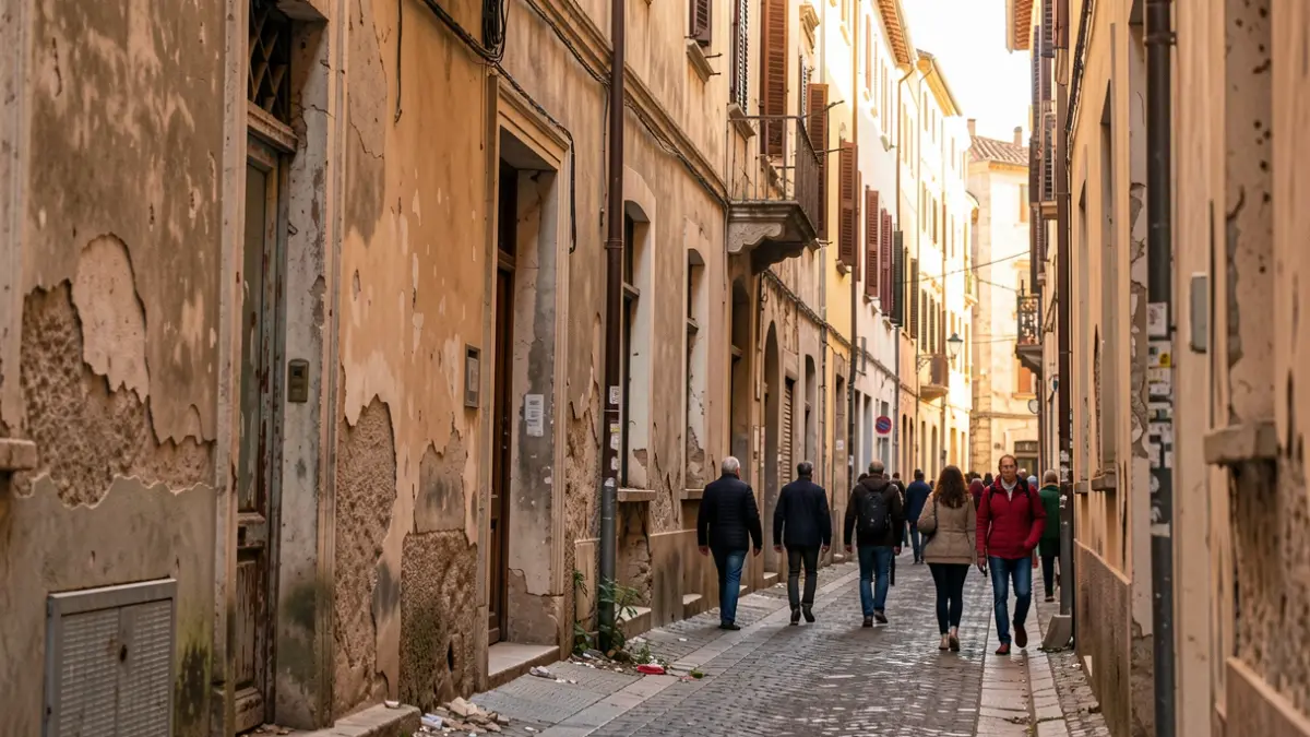 Imatge genèrica de façanes antigues i degradades d'edificis en un carrer estret.
