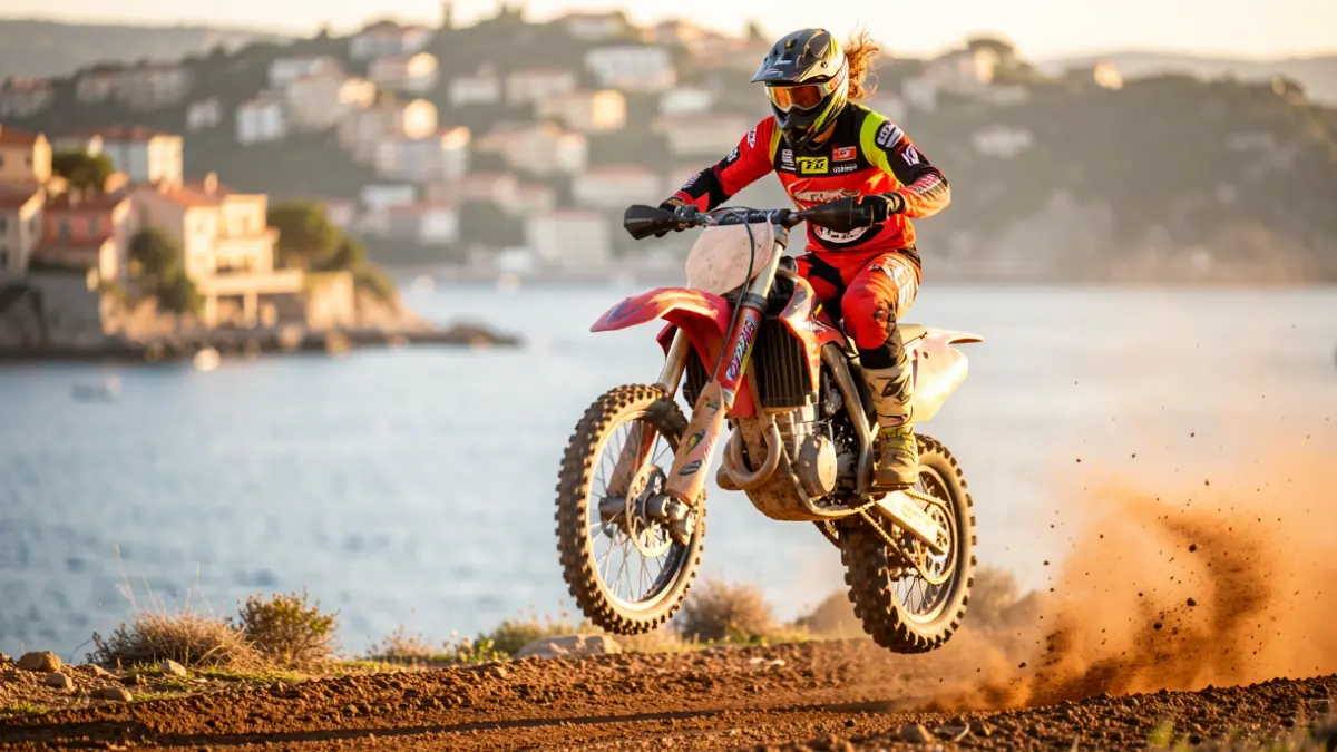 Pilot de motocròs femenina en acció amb el mar i Lloret de Mar al fons.