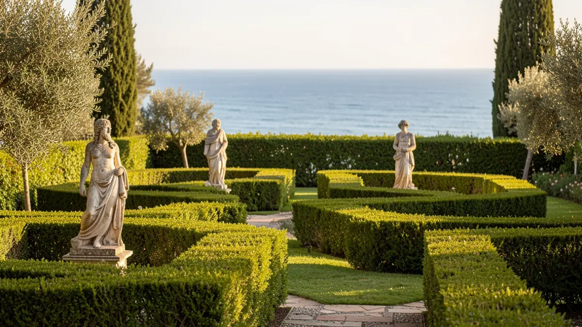 Generic image of a historic Mediterranean garden with sculptures and sea views.