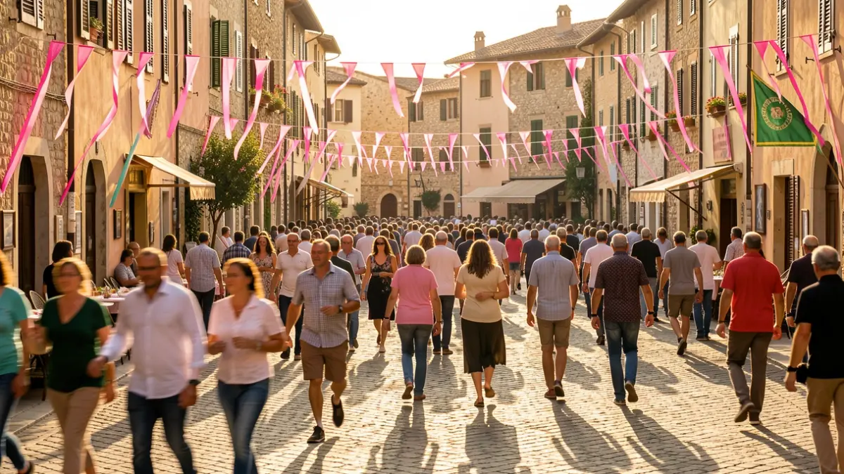 Imatge genèrica d'una plaça de poble mediterrani amb gent participant en un esdeveniment solidari.