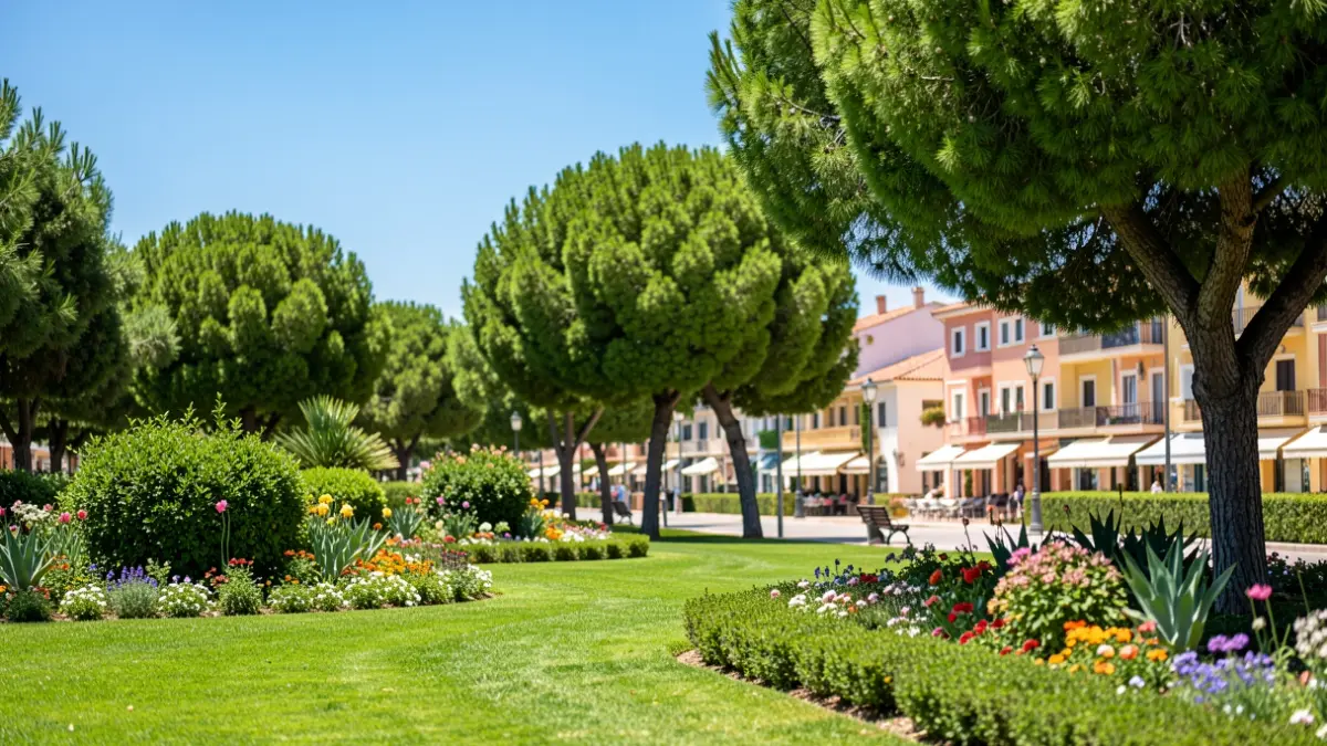 Park in Lloret de Mar with well-kept green spaces and Mediterranean architecture.