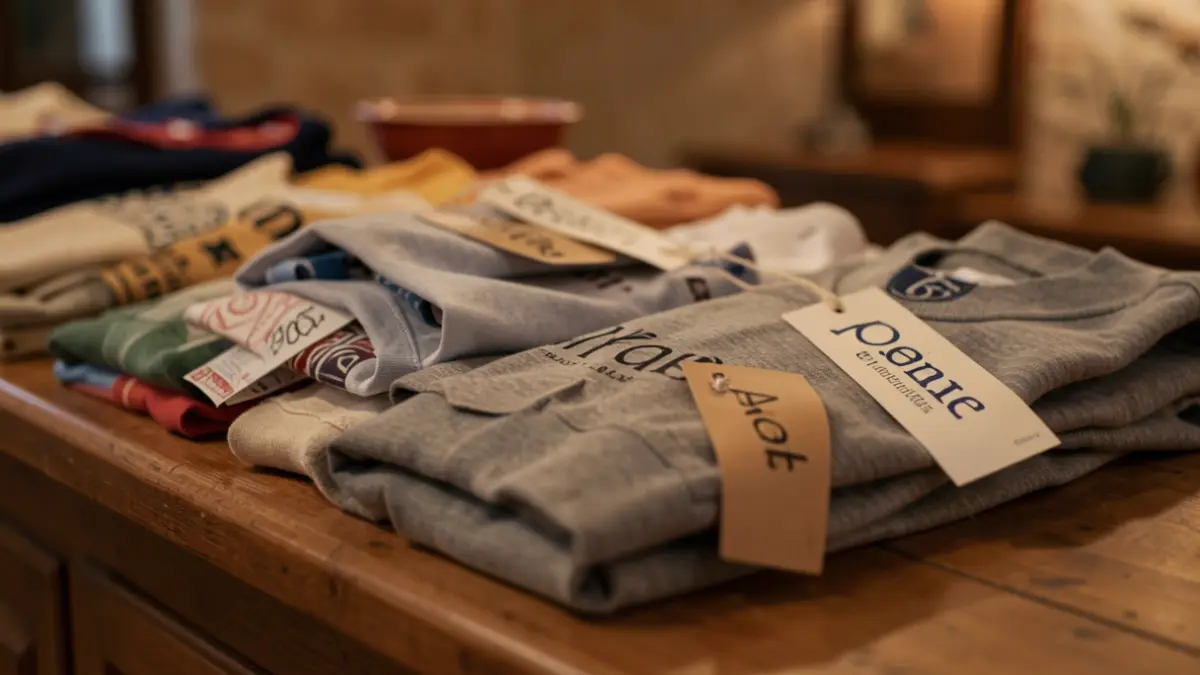 Generic image of clothing items and accessories with symbols mimicking commercial brands.
