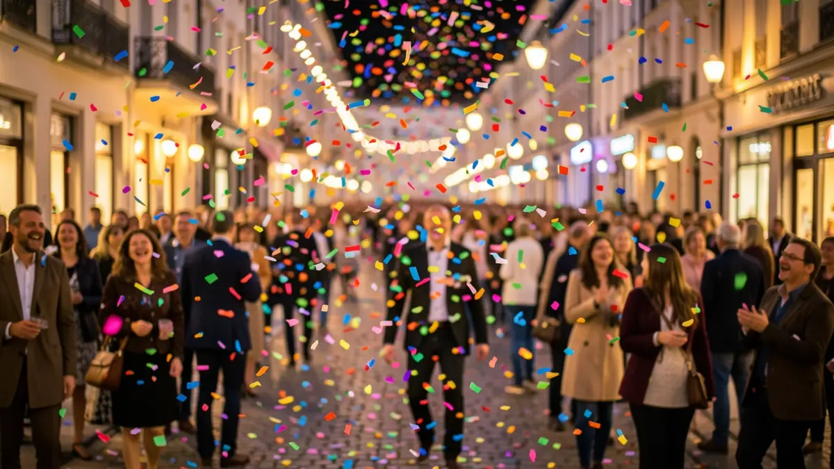 Imatge genèrica de confeti i llums festives que suggereixen un ambient d'humor i celebració.