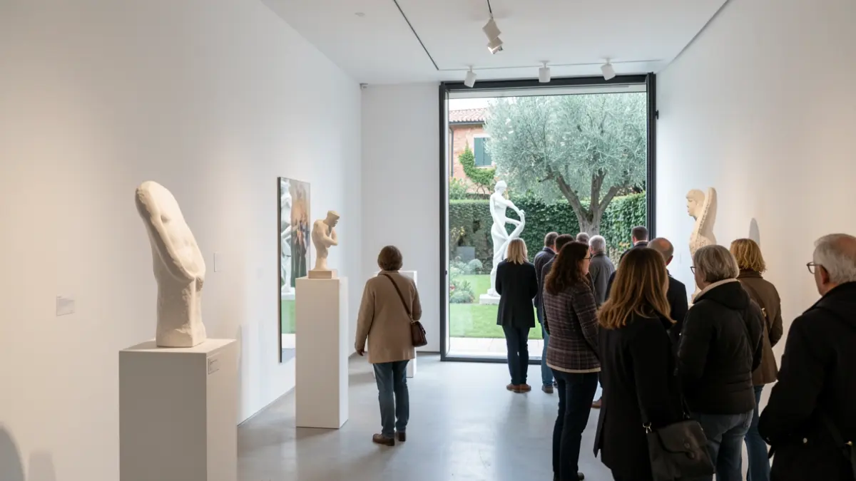 Interior of Lo Pati Art Center with sculptures and garden.