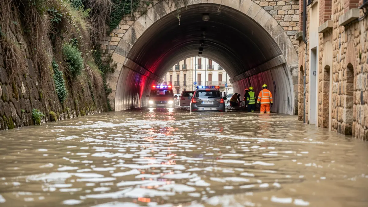 Túnel inundado de la Ronda Nord (C-352) en Les Franqueses del Vallès con agua fangosa y luces de emergencia.