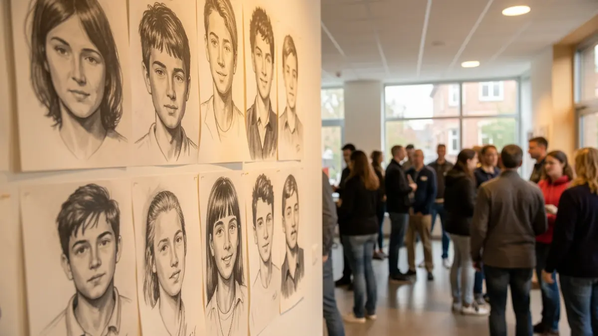 Imatge genèrica de retrats al carbó exposats en un espai juvenil.