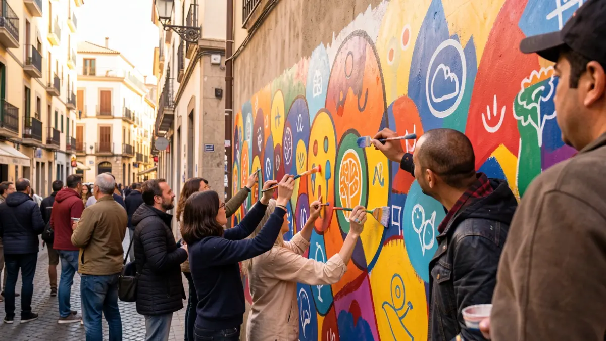 Mural comunitario en proceso de creación en el barrio de Ciutat Meridiana, Barcelona.