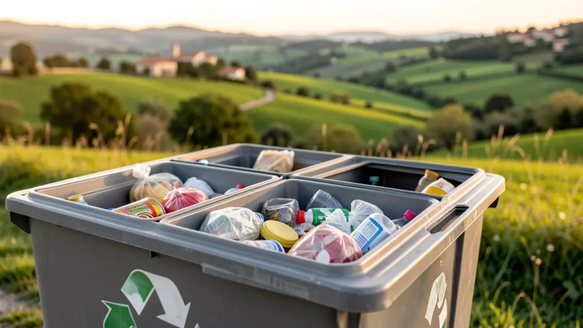 Imagen genérica de contenedores de reciclaje separados con un paisaje catalán al fondo.